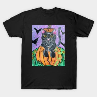 Black Cat in Pumpkin T-Shirt